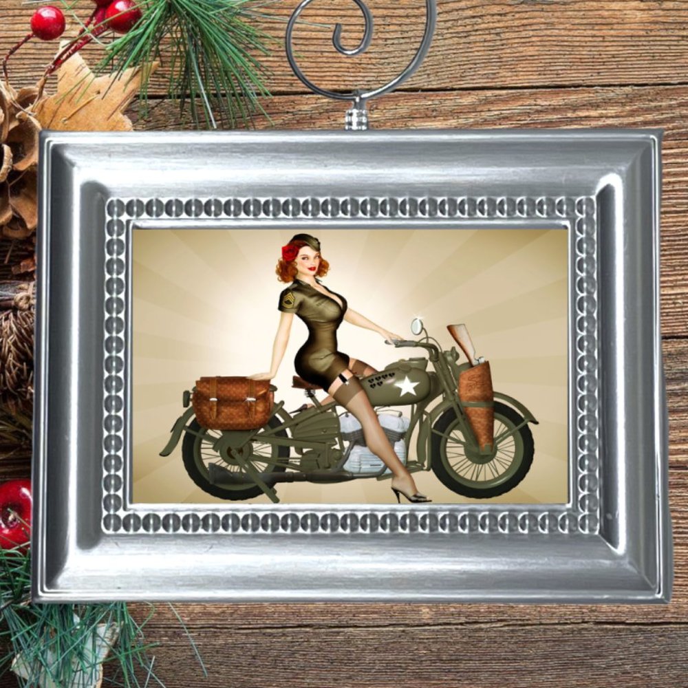 Harley Davidson US Army Motorcycle‎ Pin Up Girl Retro Christmas Tree Ornament
